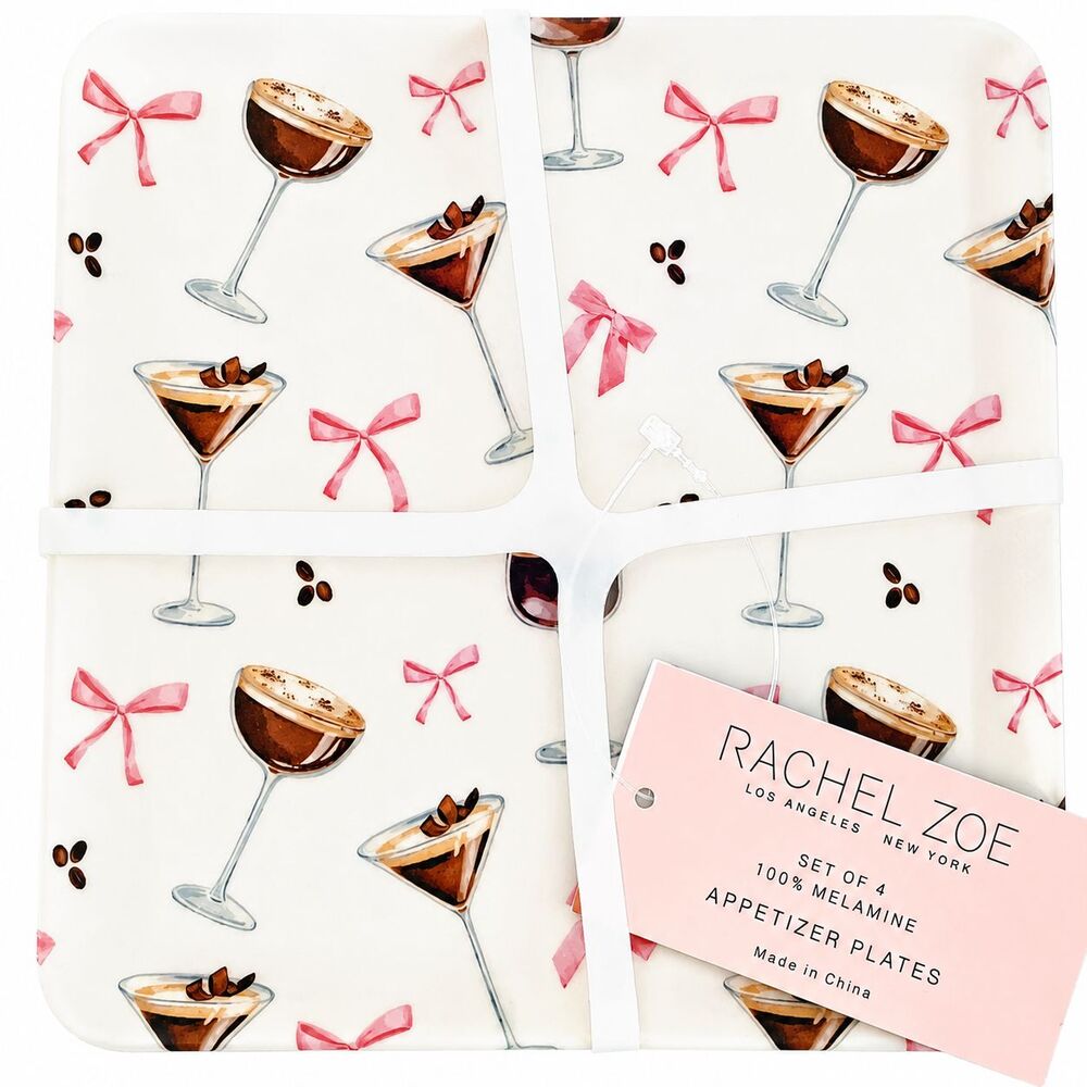 Rachel Zoe Melamine Plates Set Of 4 Chocolate Martini Pink Bow Coquette 6x6"